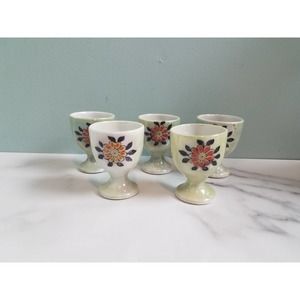 ☆5 Vintage Egg Cup Holders Iridescent Green Hand Painted Flower Made in Japan